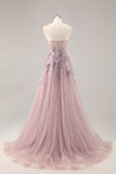 Sparkly Blue A Line Sequined Tulle Corset Long Formal Dress with Slit