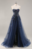 Sparkly Blue A Line Sequined Tulle Corset Long Formal Dress with Slit