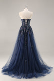 Sparkly Blue A Line Sequined Tulle Corset Long Formal Dress with Slit
