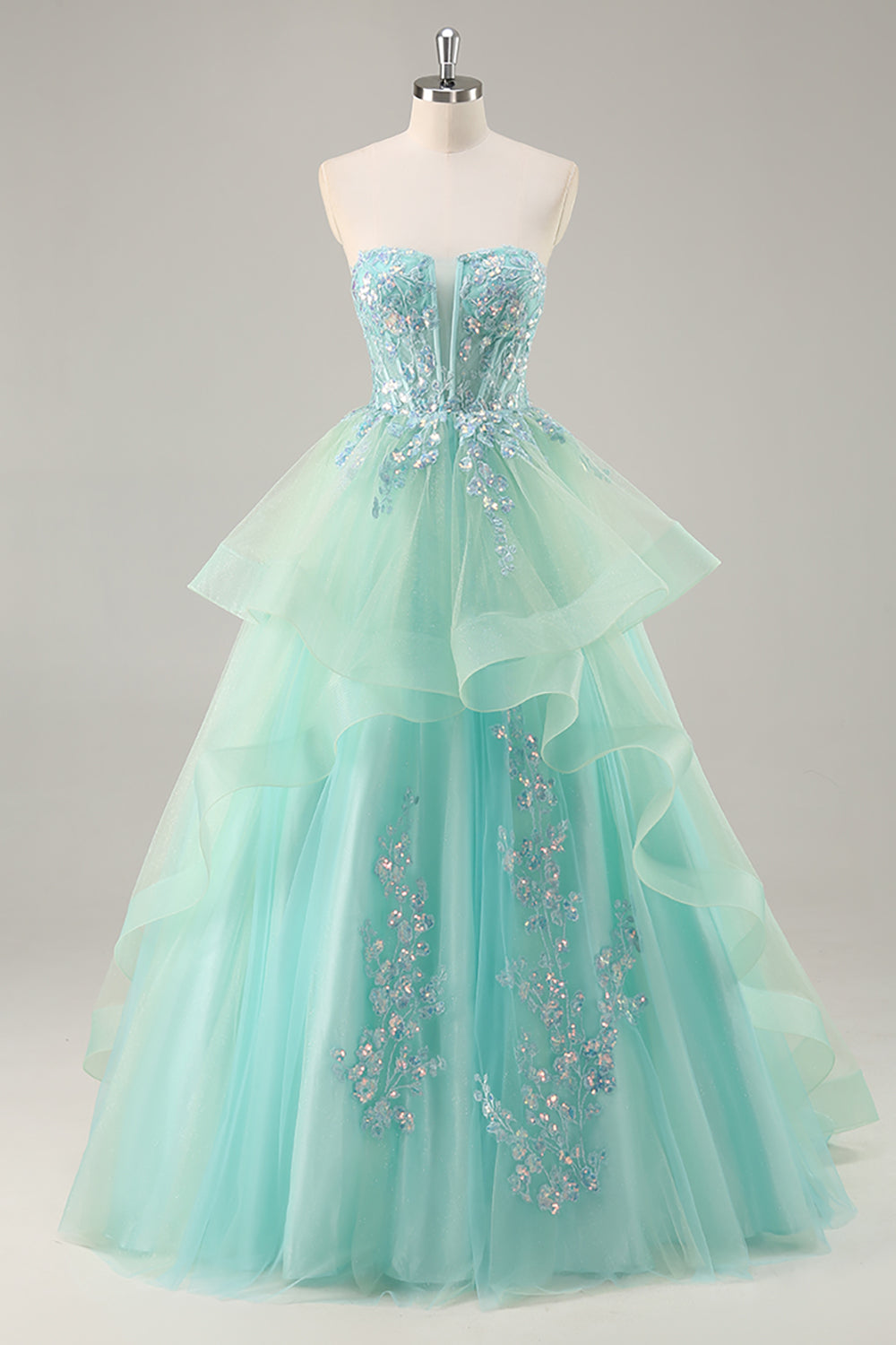 Sparkly Green Corset Ruffled Strapless Long Formal Dress