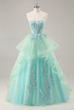 Sparkly Green Corset Ruffled Strapless Long Formal Dress
