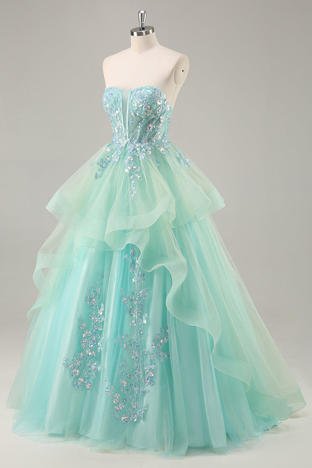 Sparkly Green Corset Ruffled Strapless Long Formal Dress