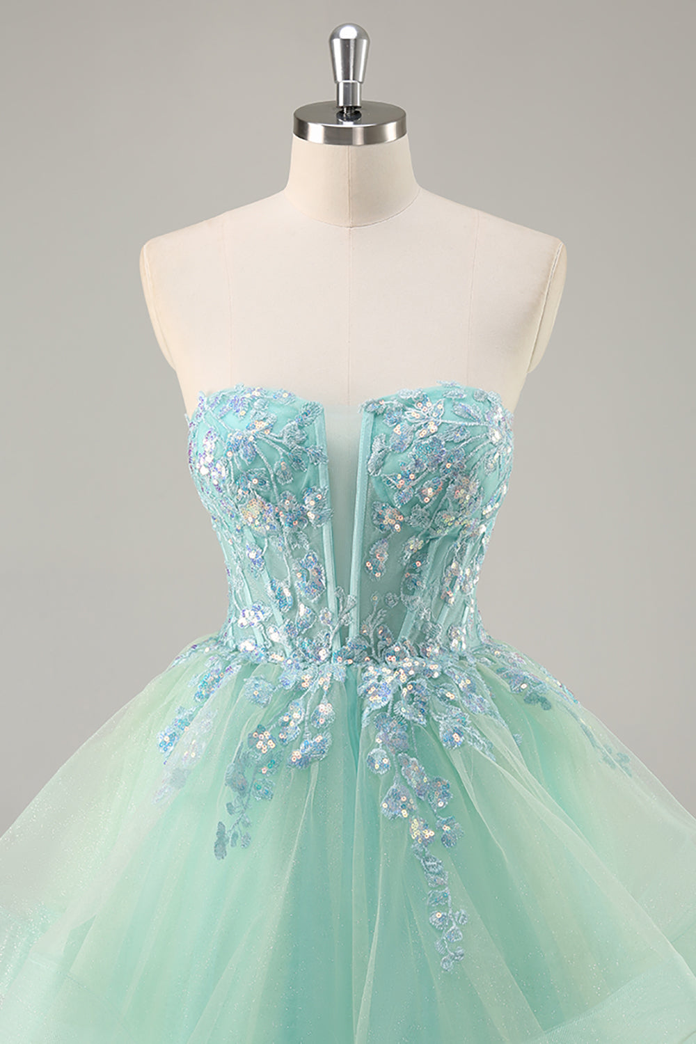Sparkly Green Corset Ruffled Strapless Long Formal Dress