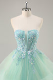 Sparkly Green Corset Ruffled Strapless Long Formal Dress