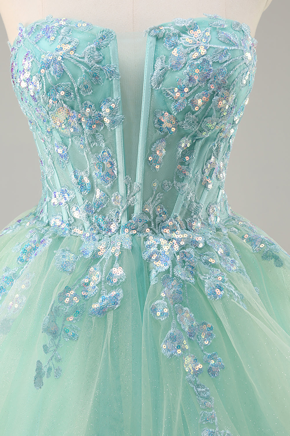 Sparkly Green Corset Ruffled Strapless Long Formal Dress