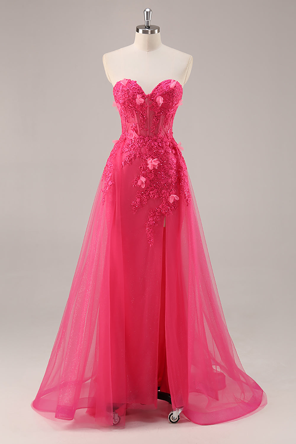 Sparkly Fuchsia Corset Strapless Long Formal Dress with Appliques