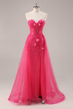 Sparkly Fuchsia Corset Strapless Long Formal Dress with Appliques