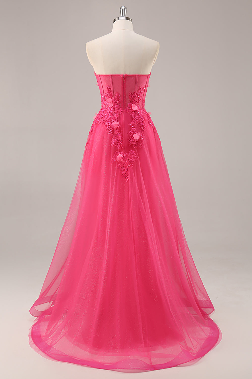Sparkly Fuchsia Corset Strapless Long Formal Dress with Appliques
