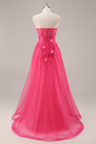 Sparkly Fuchsia Corset Strapless Long Formal Dress with Appliques