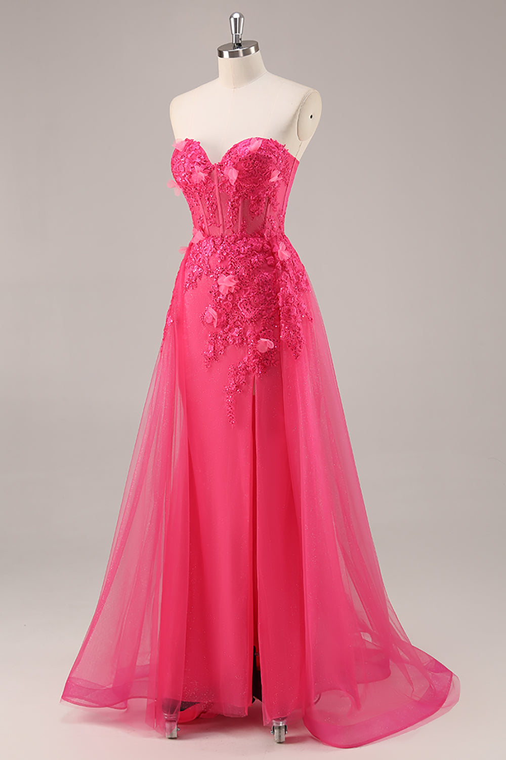 Sparkly Fuchsia Corset Strapless Long Formal Dress with Appliques