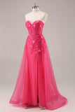 Sparkly Fuchsia Corset Strapless Long Formal Dress with Appliques