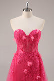Sparkly Fuchsia Corset Strapless Long Formal Dress with Appliques