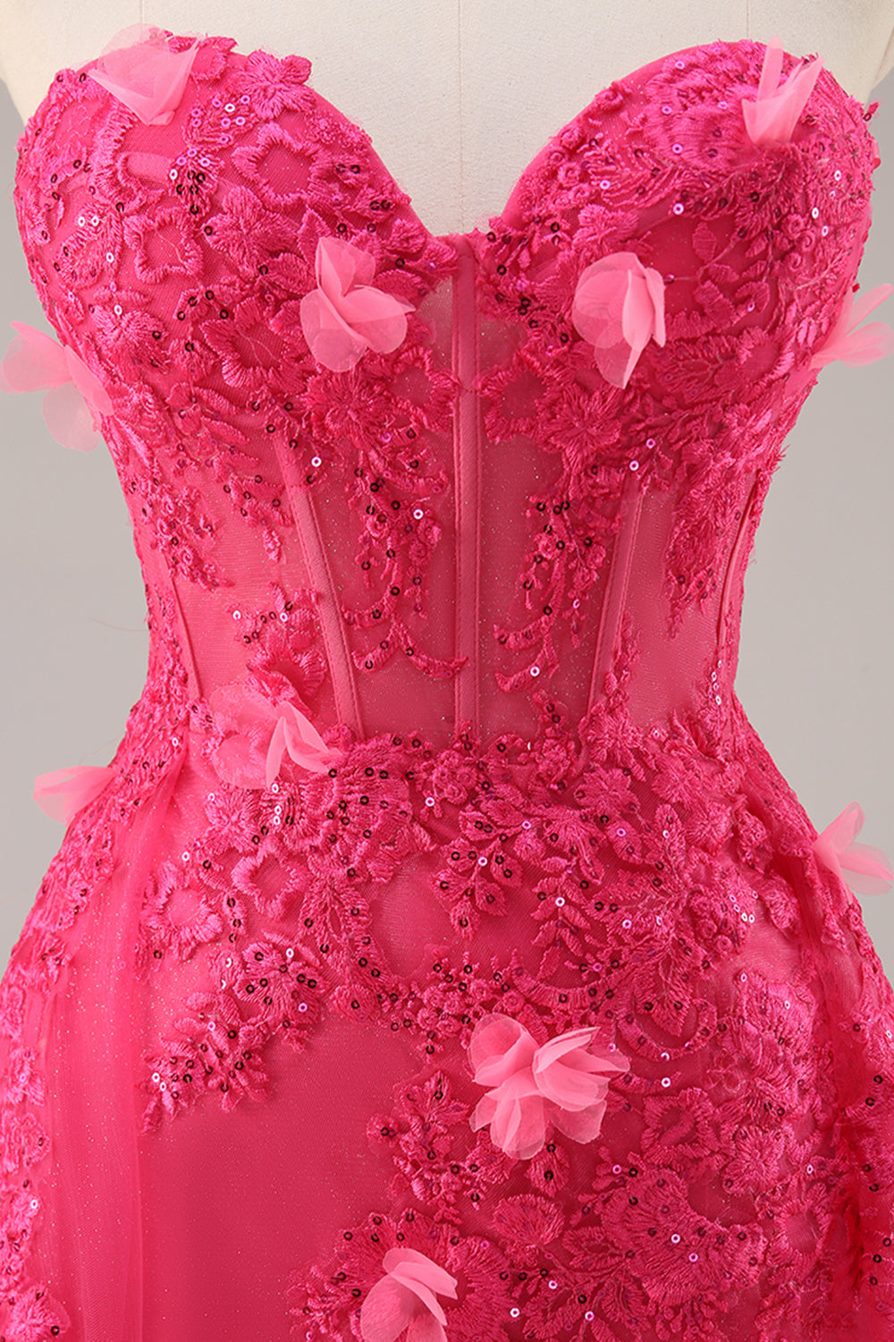 Sparkly Fuchsia Corset Strapless Long Formal Dress with Appliques