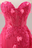Sparkly Fuchsia Corset Strapless Long Formal Dress with Appliques