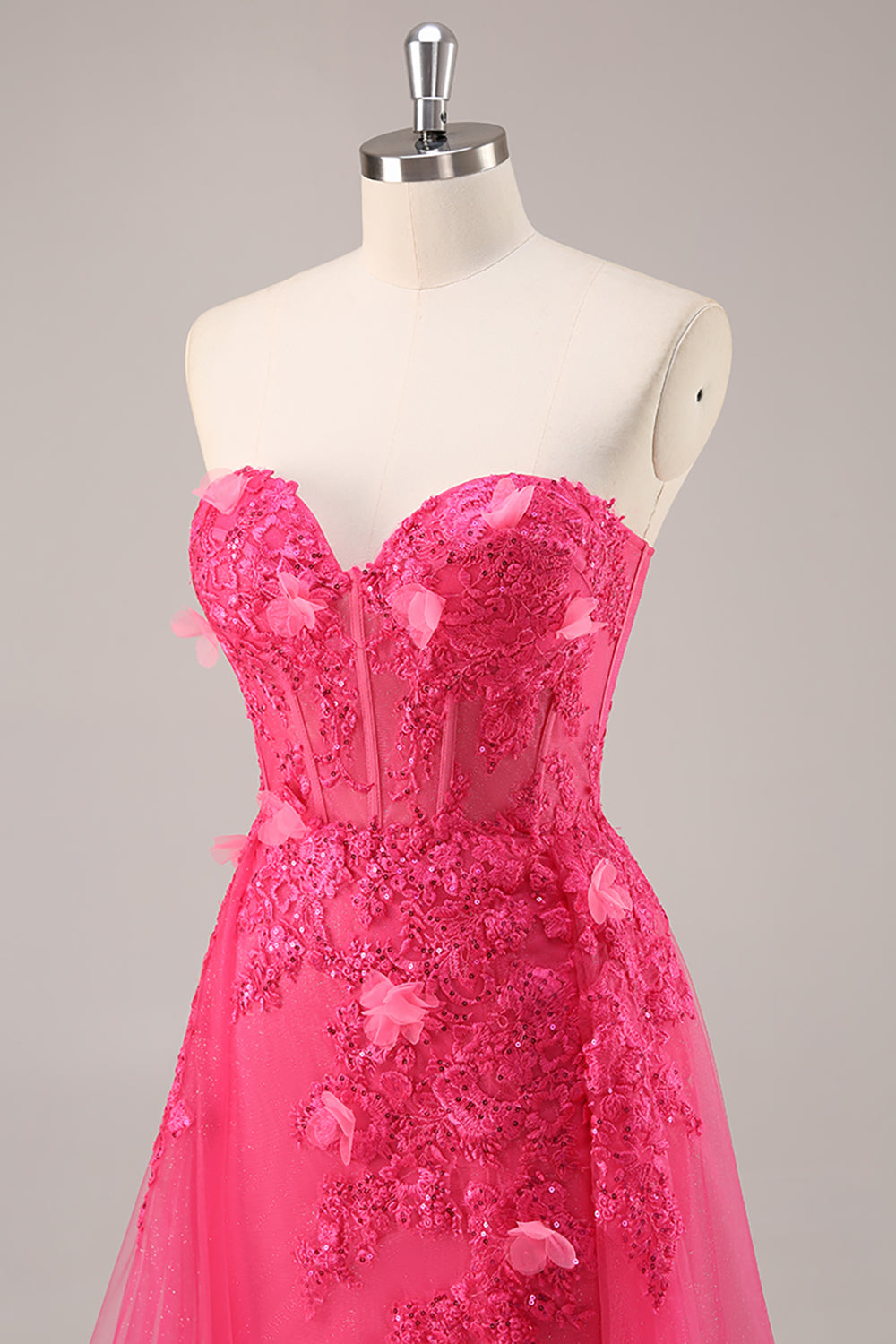Sparkly Fuchsia Corset Strapless Long Formal Dress with Appliques