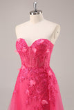 Sparkly Fuchsia Corset Strapless Long Formal Dress with Appliques