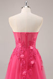 Sparkly Fuchsia Corset Strapless Long Formal Dress with Appliques