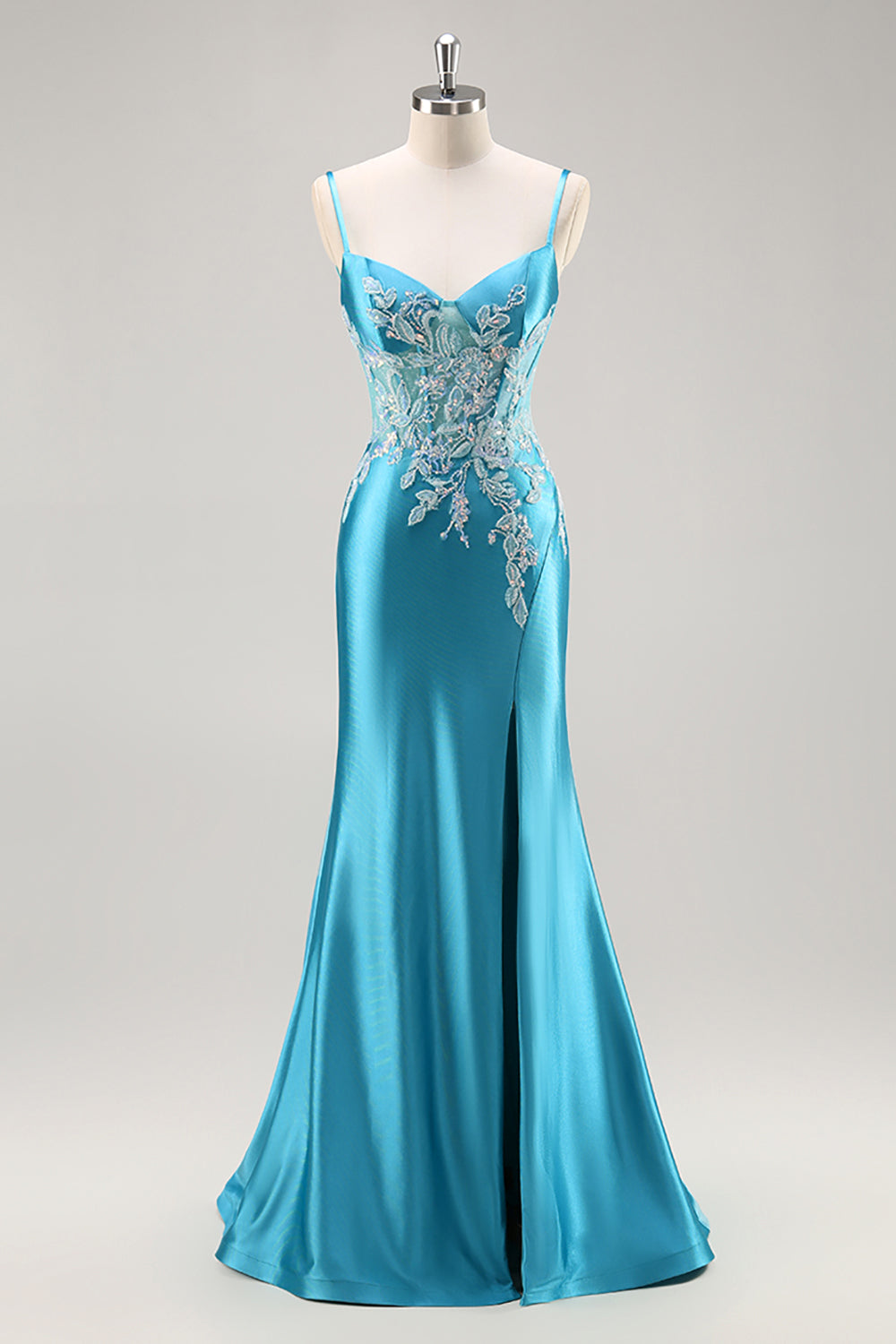Sparkly Mermaid Satin Corset Blue Beaded Long Formal Dress