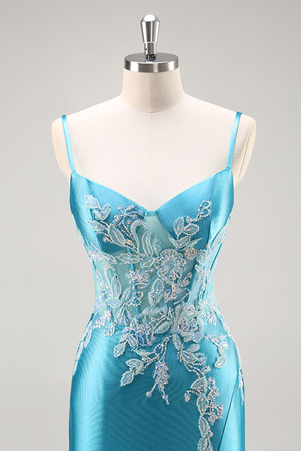 Sparkly Mermaid Satin Corset Blue Beaded Long Formal Dress