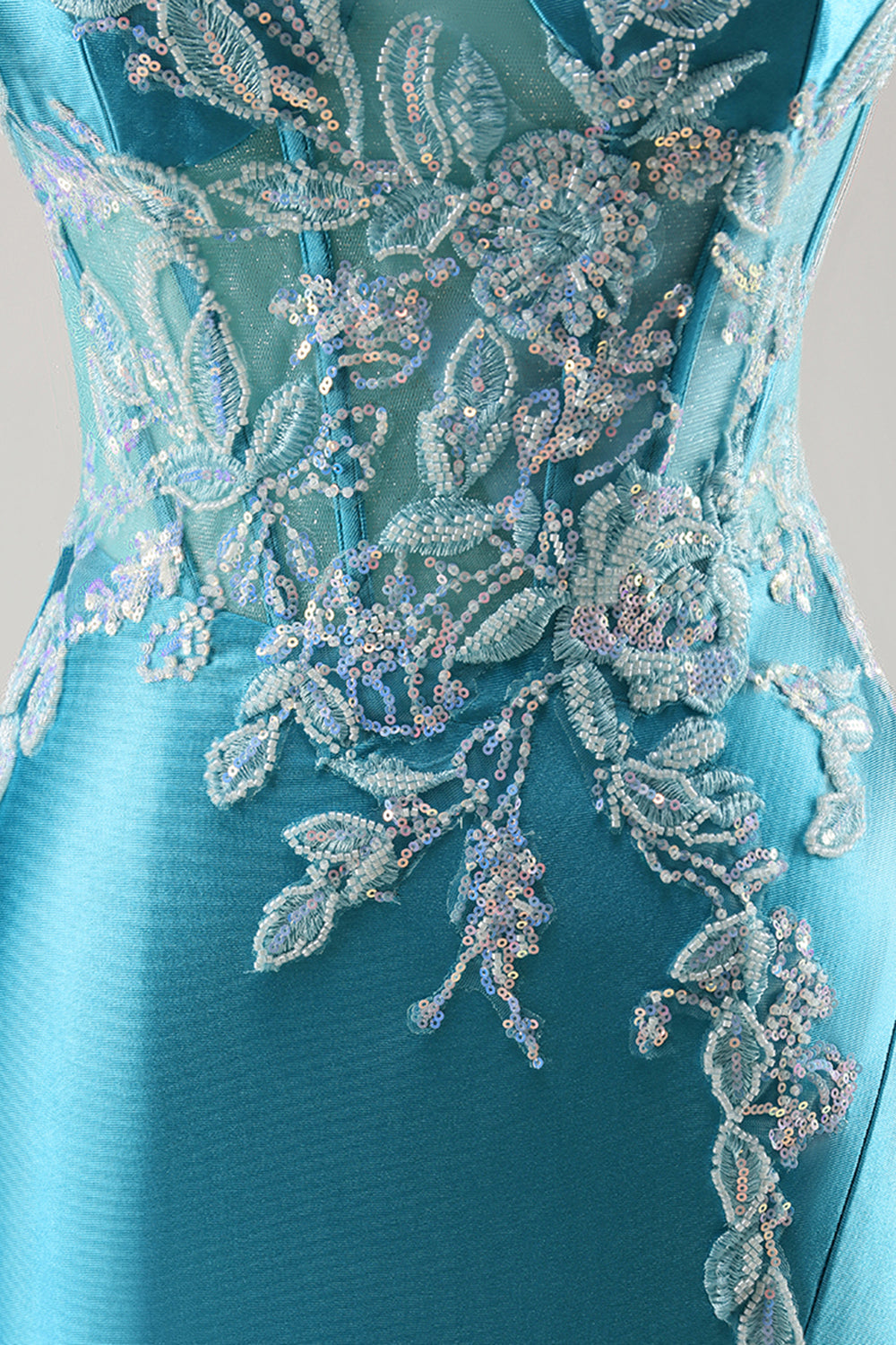 Sparkly Mermaid Satin Corset Blue Beaded Long Formal Dress