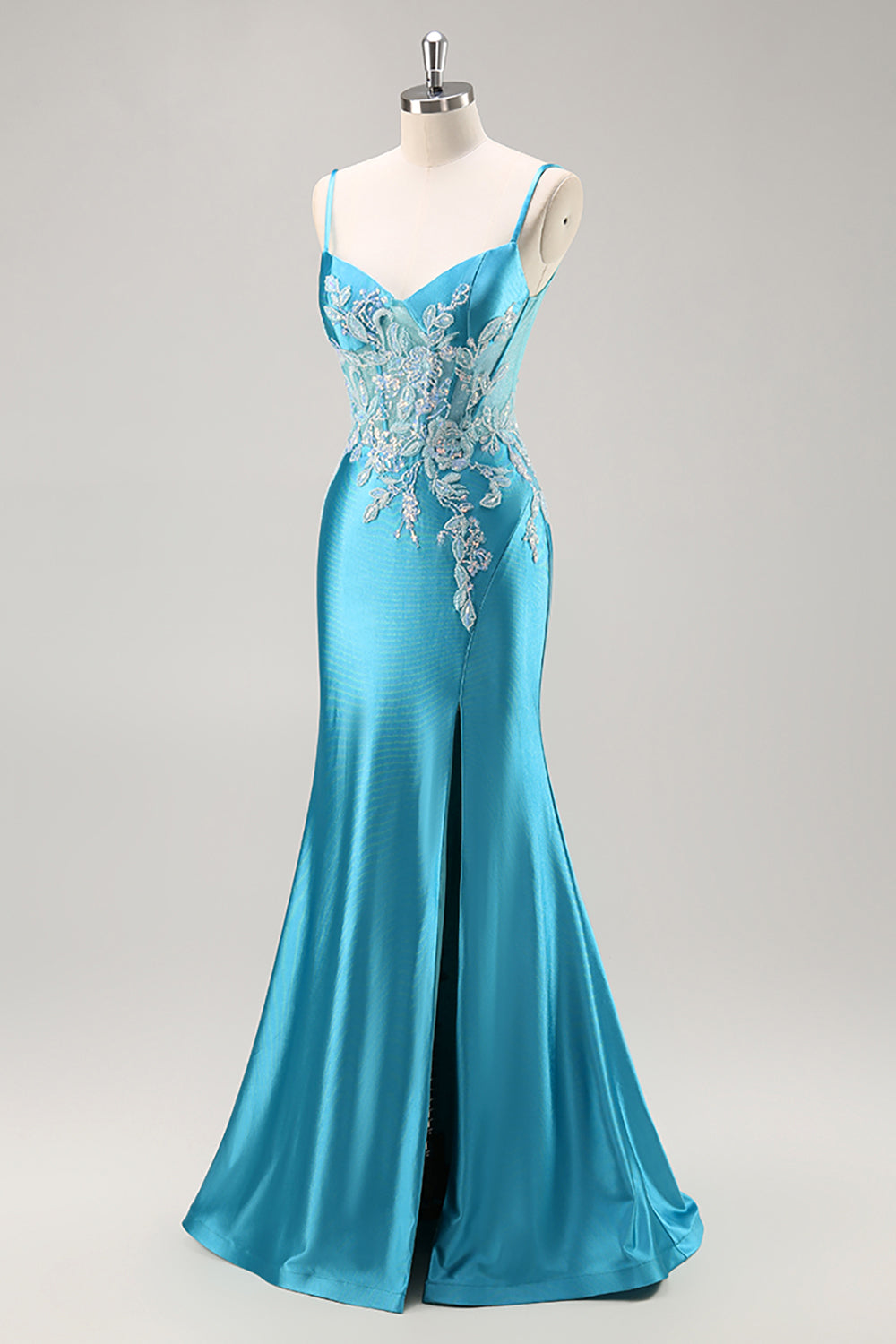 Sparkly Mermaid Satin Corset Blue Beaded Long Formal Dress