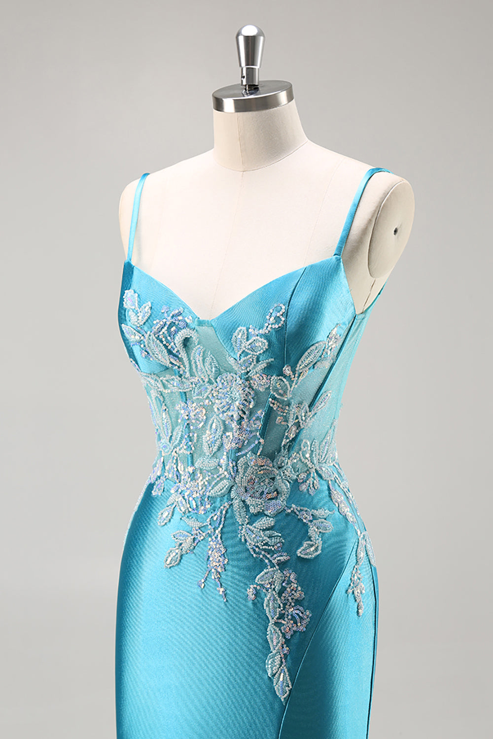Sparkly Mermaid Satin Corset Blue Beaded Long Formal Dress