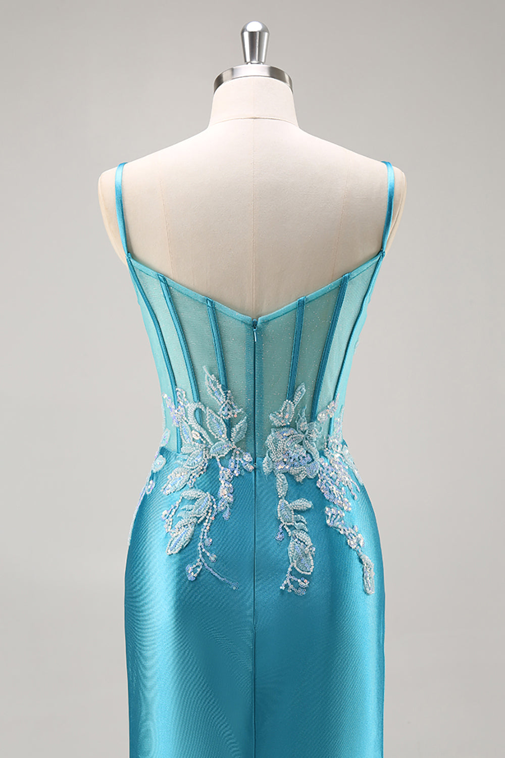 Sparkly Mermaid Satin Corset Blue Beaded Long Formal Dress