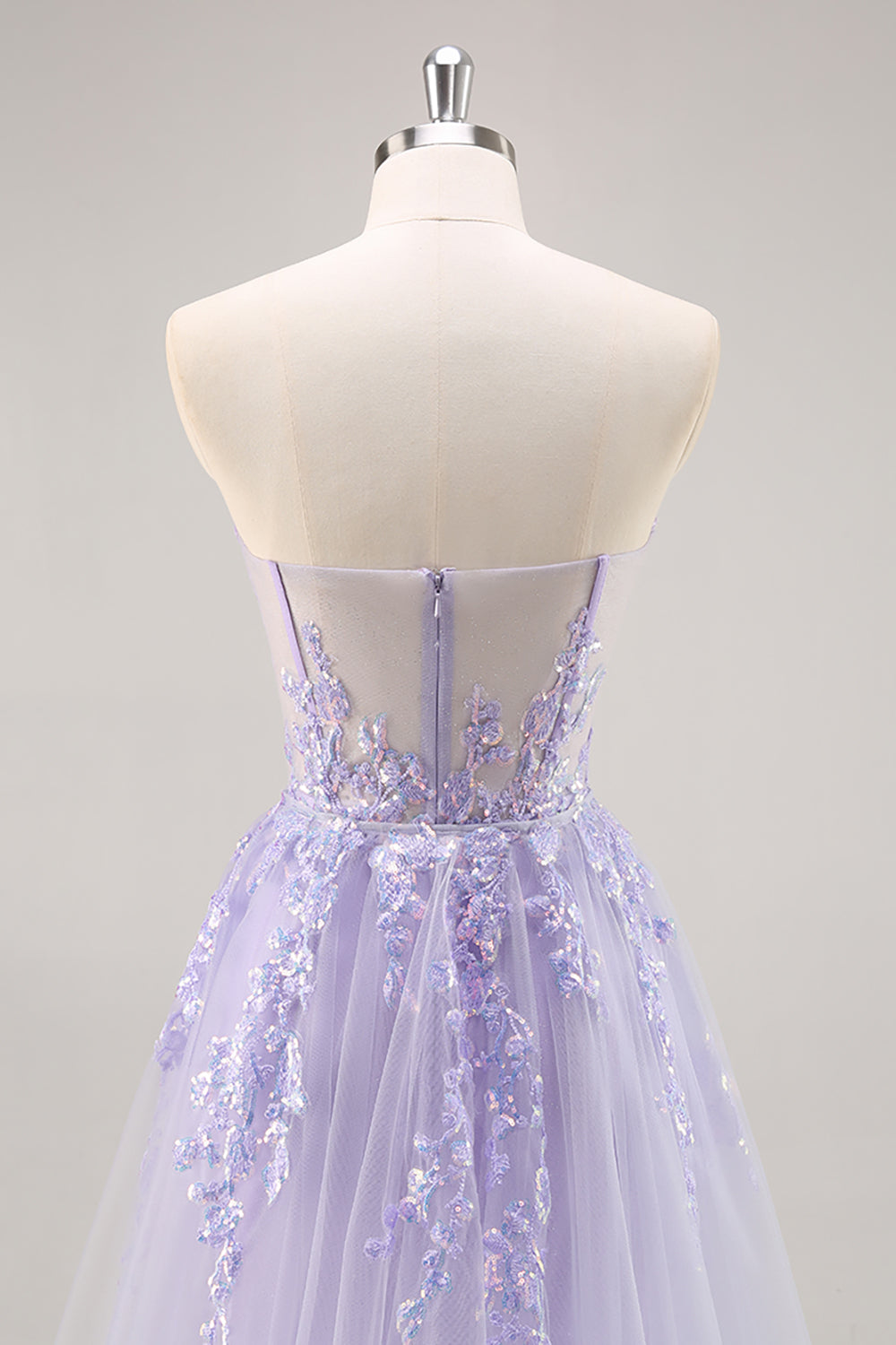 Sparkly Lilac Tulle Strapless Corset Long Formal Dress with Appliques