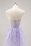 Sparkly Lilac Tulle Strapless Corset Long Formal Dress with Appliques