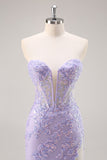 Sparkly Lilac Tulle Strapless Corset Long Formal Dress with Appliques