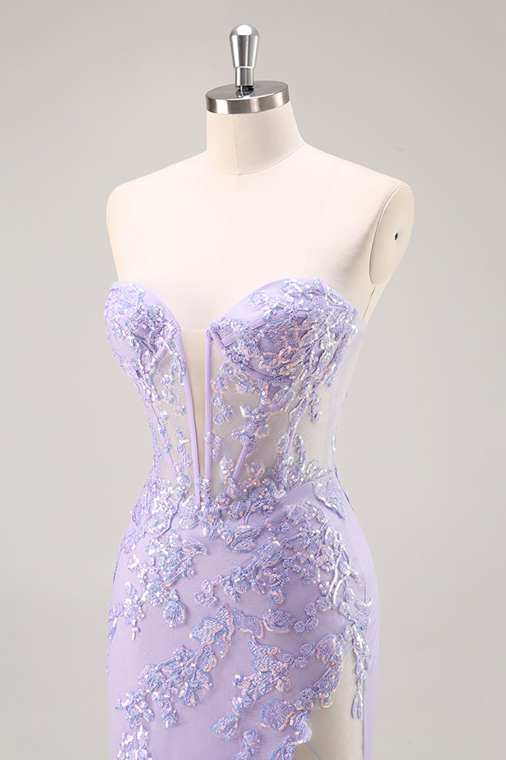 Sparkly Lilac Tulle Strapless Corset Long Formal Dress with Appliques