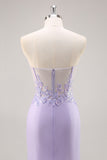 Sparkly Lilac Tulle Strapless Corset Long Formal Dress with Appliques