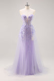 Sparkly Lilac Tulle Strapless Corset Long Formal Dress with Appliques