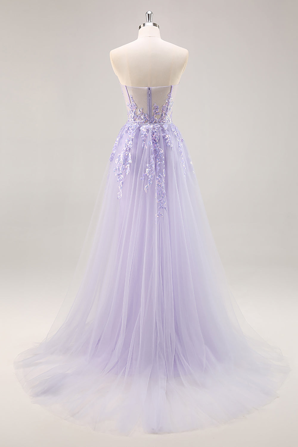 Sparkly Lilac Tulle Strapless Corset Long Formal Dress with Appliques