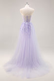 Sparkly Lilac Tulle Strapless Corset Long Formal Dress with Appliques