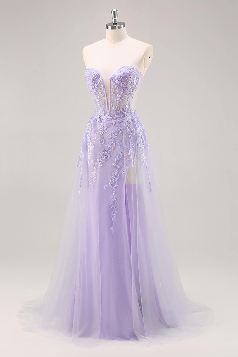 Sparkly Lilac Tulle Strapless Corset Long Formal Dress with Appliques