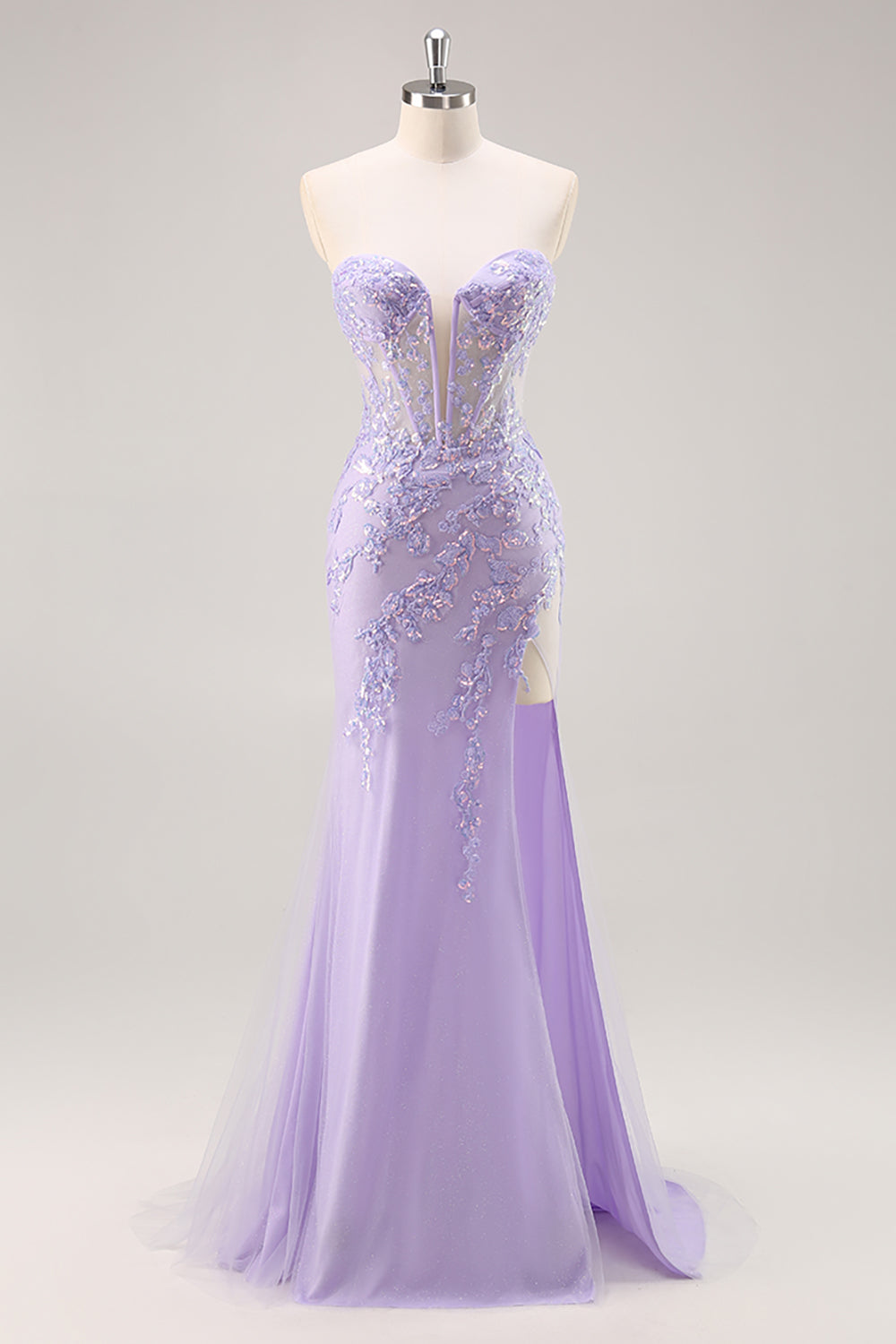 Sparkly Lilac Tulle Strapless Corset Long Formal Dress with Appliques