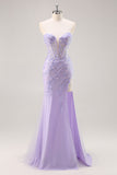 Sparkly Lilac Tulle Strapless Corset Long Formal Dress with Appliques