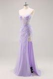 Sparkly Lilac Tulle Strapless Corset Long Formal Dress with Appliques