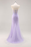Sparkly Lilac Tulle Strapless Corset Long Formal Dress with Appliques