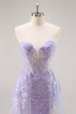 Sparkly Lilac Tulle Strapless Corset Long Formal Dress with Appliques