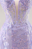 Sparkly Lilac Tulle Strapless Corset Long Formal Dress with Appliques