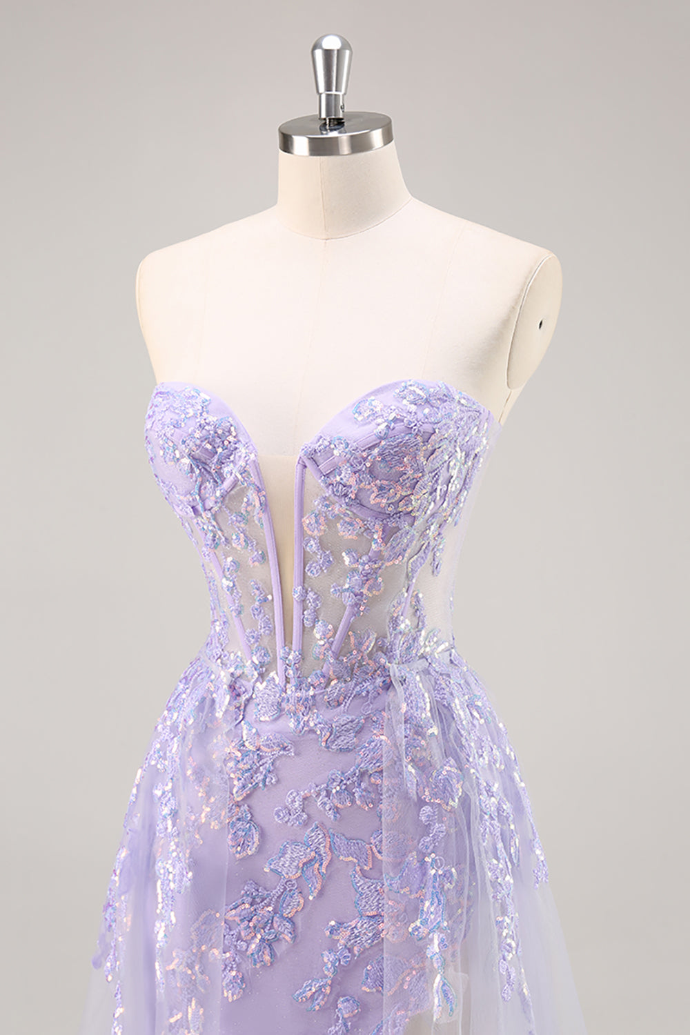 Sparkly Lilac Tulle Strapless Corset Long Formal Dress with Appliques