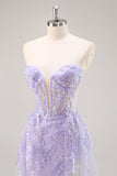 Sparkly Lilac Tulle Strapless Corset Long Formal Dress with Appliques