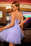 Sparkly Purple A Line Corset Tulle Tiered Homecoming Dress with Sequins