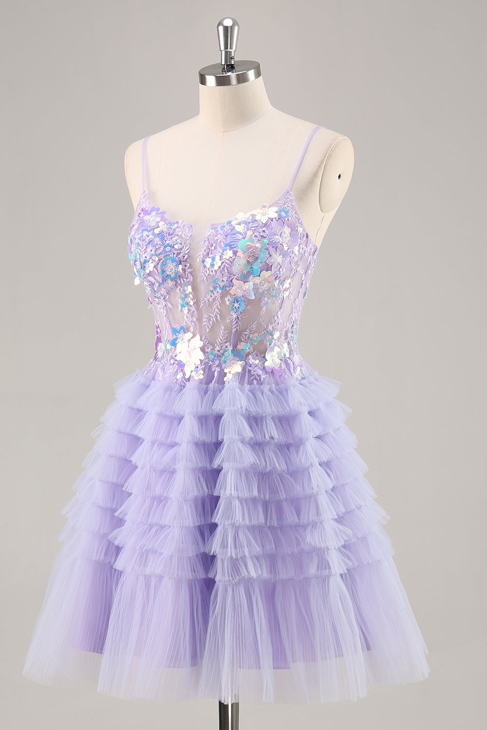 Sparkly Purple Floral Tiered Ruffled Short Corset Cocktail Dress