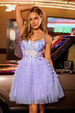 Sparkly Purple A Line Corset Tulle Tiered Homecoming Dress with Sequins