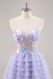 Sparkly Purple Floral Tiered Ruffled Short Corset Cocktail Dress