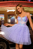 Sparkly Purple A Line Corset Tulle Tiered Homecoming Dress with Sequins