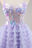 Sparkly Purple Floral Tiered Ruffled Short Corset Cocktail Dress